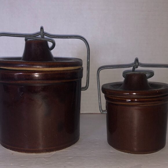 Vintage 2 Brown Ceramic Stoneware Crock Cannisters with Lids - Picture 2 of 10